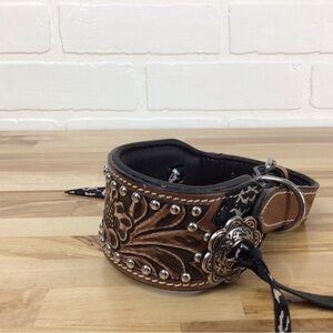 Mad Cow genuine leather western dog collar handmade brown black studded silver